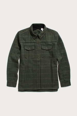 The Bridge & Burn Harlow Shirt Jacket in Cypress Windowpane is a dark green, heavy-weight flannel with long sleeves, button front, two chest pockets, and a collar, shown laid flat on a light background.