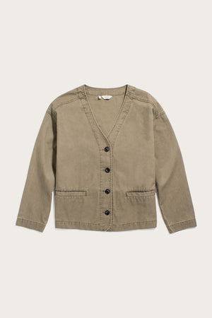 The Lee Jacket by Bridge & Burn is a khaki green canvas cardigan with long sleeves, black front buttons, two pockets, and a V-neck, shown laid flat on a light background.