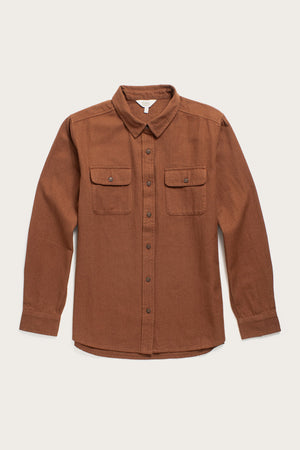 The Bridge & Burn Lenon Shirt in Terracotta Melange is a long-sleeve, button-up over-shirt with a collar and two chest pockets, shown laid flat on a plain light background for timeless appeal.