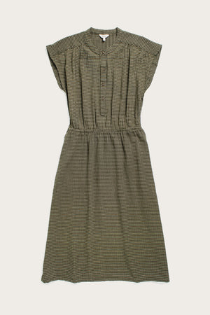The Lorane Dress by Bridge & Burn in Olive Grid Plaid features a knee-length A-line fit, short sleeves, button front, fitted waist, and relaxed flowy skirt—an ideal casual piece for everyday style.