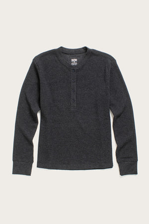 The Bridge & Burn Women's Recycled Waffle Henley in Charcoal Melange features a thermal waffle-knit texture, long sleeves, and a round neckline with a button placket, shown laid flat on a light background.