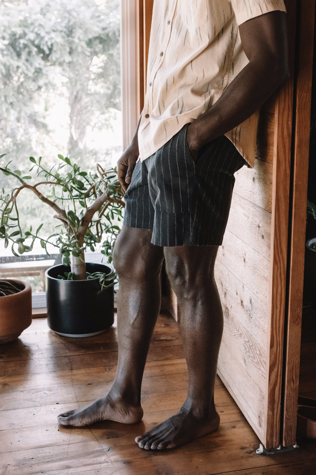 A person stands indoors by a wooden wall, wearing the Bridge & Burn Noah Short in Charcoal Stripe with their hand in their pocket. Potted plants and a large window are visible in the background.