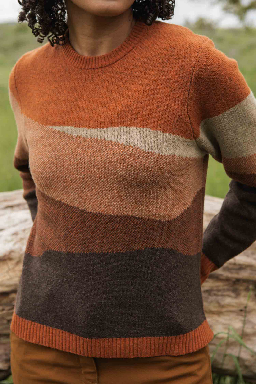 A person with curly hair wears the Bridge & Burn Petra Sweater in Sandstone, featuring an earthy stripe pattern, rust, brown, and beige tones. They stand outdoors near a large log and green grass; only their upper body and arms are visible.
