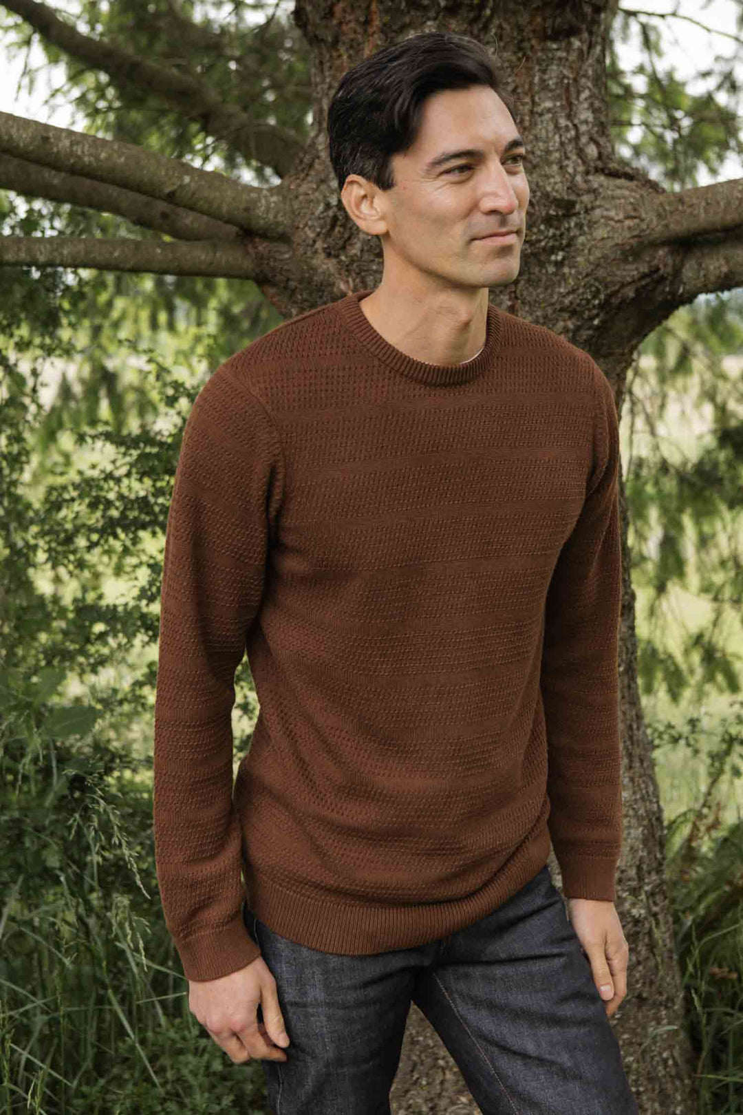 A man with dark hair stands outdoors among lush greenery, wearing the Bridge & Burn Calder Sweater in Walnut and dark jeans, looking to the side with a slight smile.