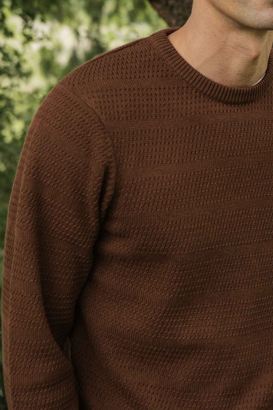 A person wears the Bridge & Burn Calder Sweater in Walnut, showing only their upper torso, right shoulder, and neck outdoors with blurred green foliage in the background.