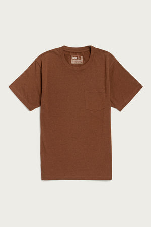 The Bridge & Burn Recycled Pocket Tee in Bronze is a vintage-style, short-sleeve t-shirt with a round neckline and a small left chest pocket, shown against a white background.