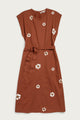 The Eloise Dress by Bridge & Burn in Redstone Bloom features an A-line silhouette, short sleeves, belted waist, white floral print, round neckline, back zipper, and knee-length cut—all in 100% cotton for essential everyday style.