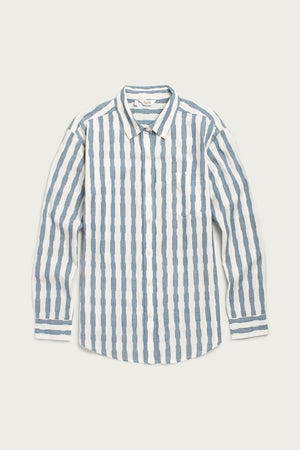 The Haley Shirt / Beach Stripe by Bridge & Burn features vertical blue and white stripes, a relaxed fit, classic collar, chest pocket, and long sleeves—an essential laid flat on a white background.