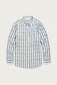 The Haley Shirt / Beach Stripe by Bridge & Burn features vertical blue and white stripes, a relaxed fit, classic collar, chest pocket, and long sleeves—an essential laid flat on a white background.
