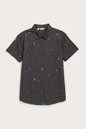 The Bridge & Burn Lana Shirt in Midnight Rain is a relaxed fit, short sleeve black button-up with a collar and chest pocket, made from 100% cotton and detailed with small red, yellow, and white vertical lines. Laid flat on white.