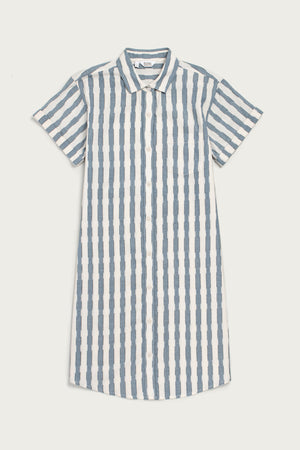 Bridge & Burn's Loren Shirt Dress in Beach Stripe features blue and white vertical stripes, a button front, short sleeves, collar, and is made from 100% cotton. Knee-length style—perfect for work or lounging. Shown laid flat on white.