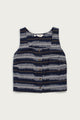 The Bridge & Burn Sadie Tank in Dusk Mirage is a sleeveless, boxy crop top with a button front and navy blue and white horizontal tie-dye stripes, shown flat on a white background.