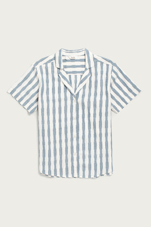 The Wren Shirt / Beach Stripe by Bridge & Burn is a relaxed-fit, short-sleeve cotton shirt with blue and white stripes, notched collar, and retro style—shown laid flat on a plain background.