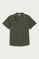 The Bridge & Burn Wren Shirt in Thyme Arrows is a relaxed-fit, lightweight cotton short-sleeve button-up with an open collar and white dash pattern, shown laid flat on a white background.