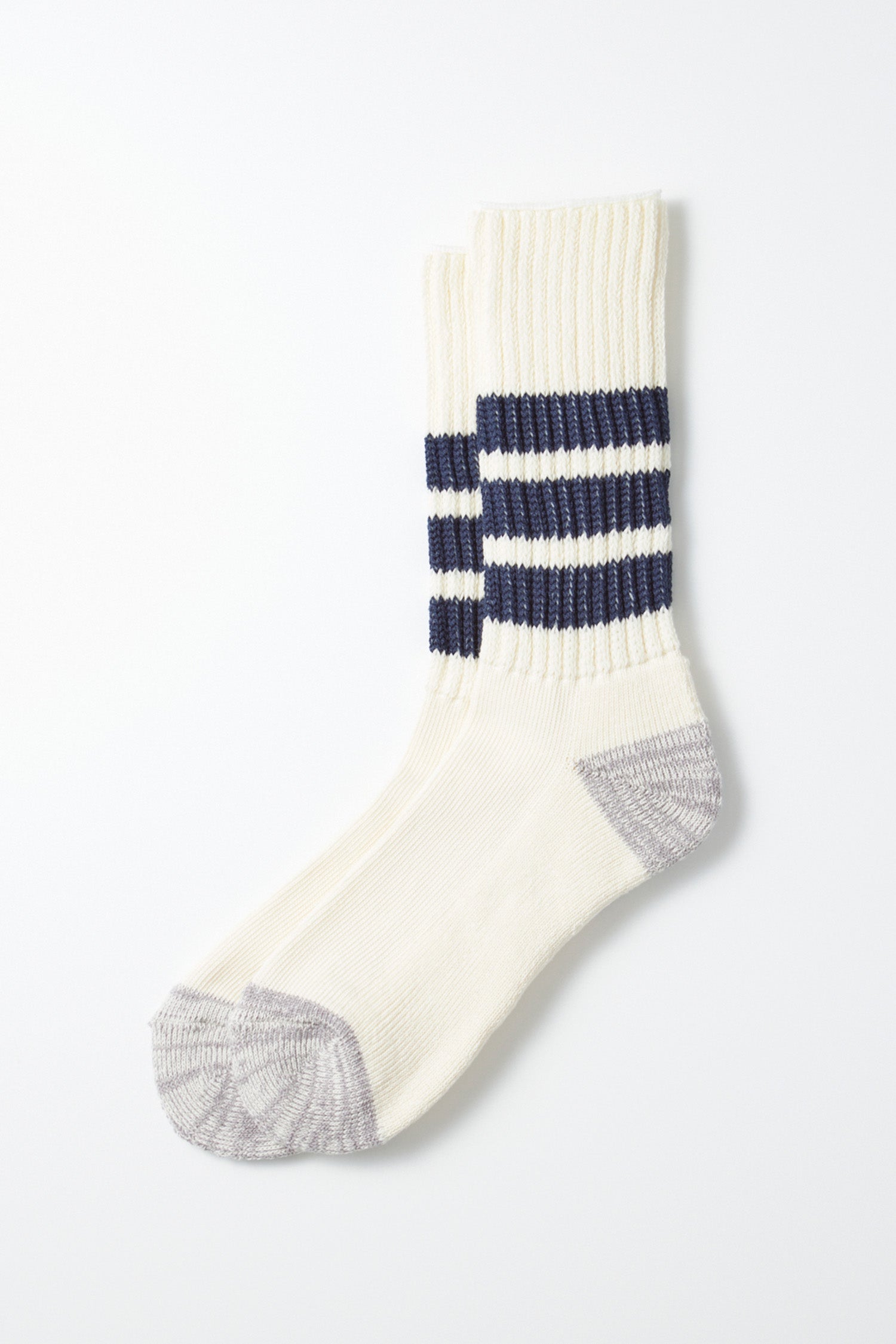A pair of RoToTo Coarse Ribbed Old School Socks in cream with gray heels and toes, featuring three navy stripes around the calves, from RoToTo, laid flat on a white background.
