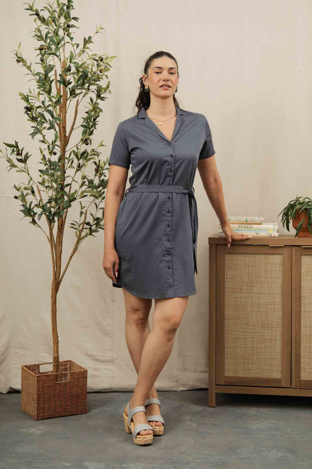 A woman wears the Bridge & Burn Sofia Shirt Dress in Light Navy, standing indoors by a wooden sideboard with books and a small plant. A tall leafy plant in a basket is on her other side. She pairs the dress with light blue sandals.
