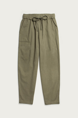 Bridge & Burn's Lark Pant in olive, made from organic cotton, features an elastic waistband, side pockets, and a relaxed fit, shown laid flat on a light background.