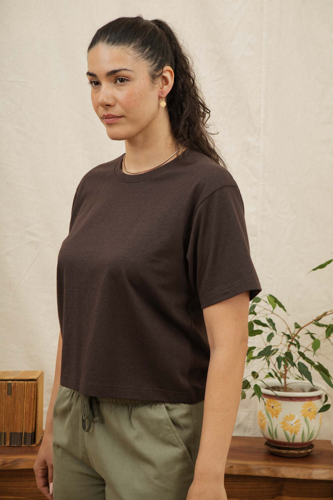 A woman with long dark hair in a ponytail wears the Bridge & Burn Recycled Boxy Tee in Truffle and olive green pants, standing indoors by a small potted plant and wooden boxes against a light-colored background.