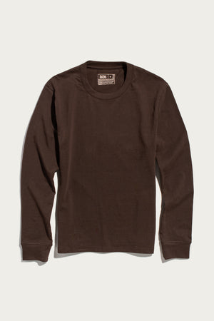 The Barney Long Sleeve Tee in Truffle by Bridge & Burn, a relaxed fit crew neck T-shirt made from recycled cotton, is shown laid flat on a white background.