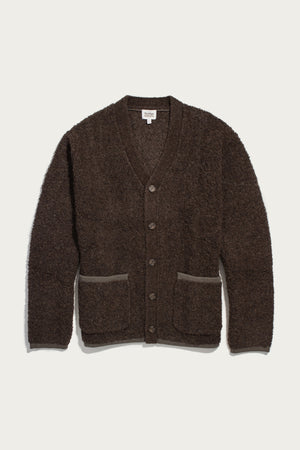 A dark olive Mateo Cardigan by Bridge & Burn, featuring a textured knit, V-neckline, long sleeves, front patch pockets, and button-up closure, laid flat on a plain light background.