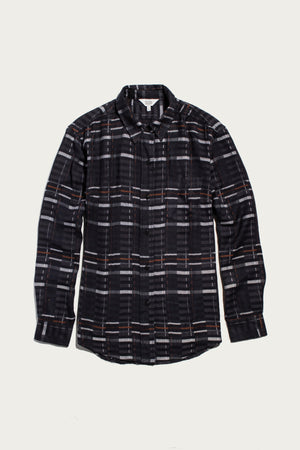 The Haley Shirt by Bridge & Burn features a relaxed fit, long sleeves, and Nightfall Stripe pattern. This button-up is shown laid flat on a white background.