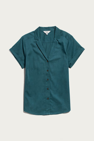 Bridge & Burn Innes Shirt in Deep Sea: a short-sleeve, teal button-up with notched collar and relaxed fit, shown flat on a white background.