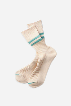 RoToTo Hemp Organic Cotton Stripe Socks in White Sand—cream socks with two light blue-green stripes near the top and matching toe accents, made in Japan by RoToTo, shown on a plain white background.