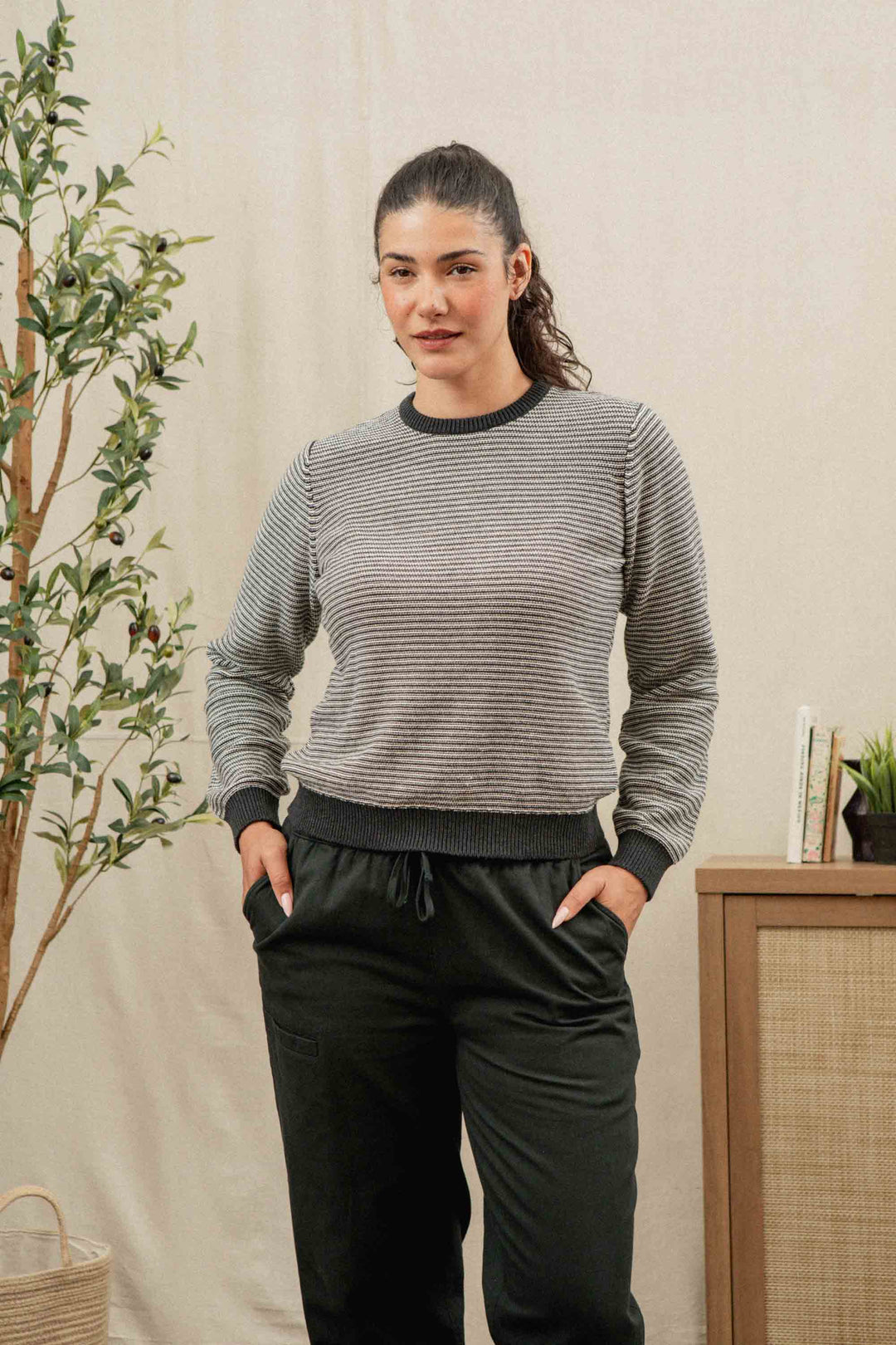 A woman with dark hair in a ponytail wears the Bridge & Burn Ansel Sweater in Charcoal Stripe—an eco-friendly, mid-weight pullover made from recycled fibers—paired with black pants. She stands indoors with her hands in her pockets, while a plant and a cabinet filled with books are visible in the background.