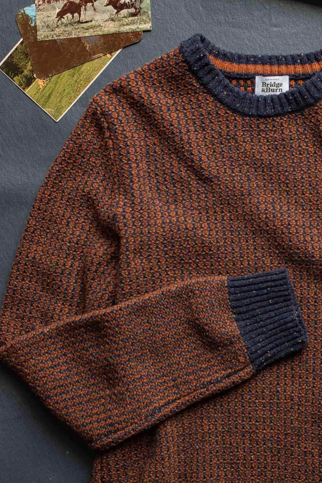 The Bridge & Burn Brighton Sweater in Autumn Tide—a textured brown and navy wool crewneck with a navy collar and cuffs—is laid on a dark surface beside several vintage animal postcards.