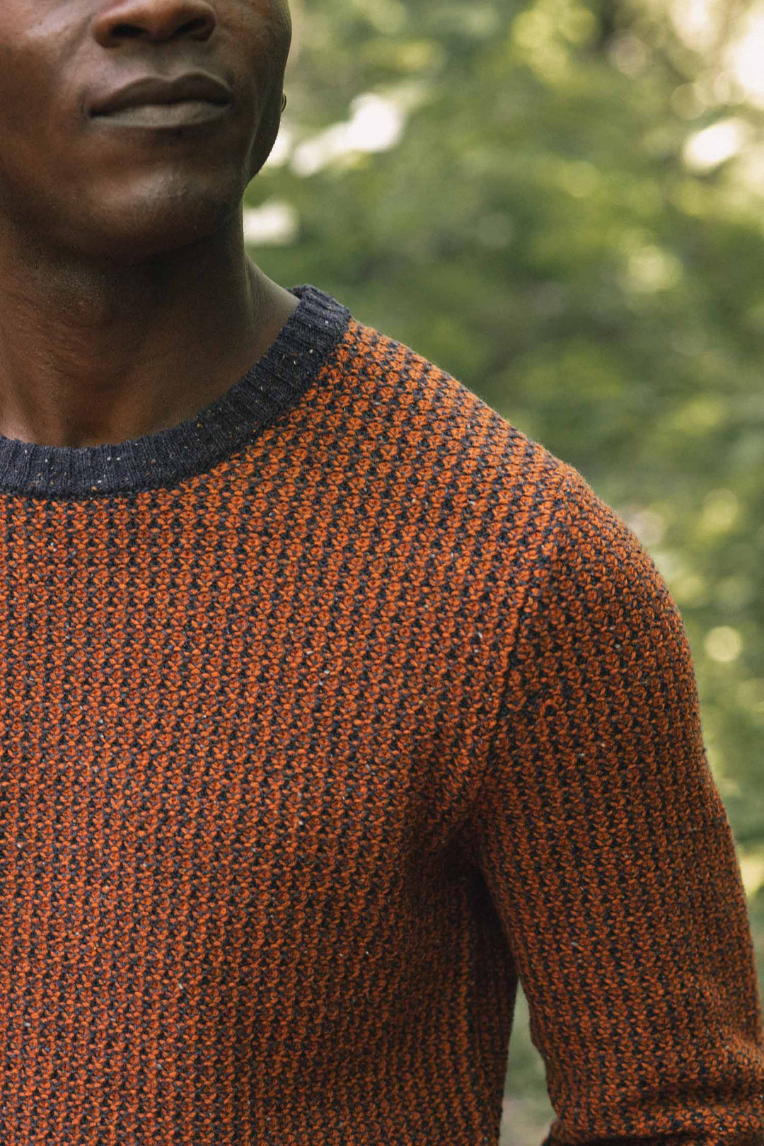 A person wearing the Bridge & Burn Brighton Sweater in Autumn Tide stands outdoors with greenery blurred in the background. Only the lower half of their face and upper torso are visible.