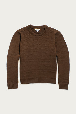 The Bridge & Burn Ansel Sweater in Walnut—a brown, mid-weight crewneck with ribbed cuffs, hem, and collar—made from recycled fibers is shown laid flat on a light background.