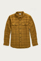 The Bridge & Burn Lenon Shirt in Golden Horizon Plaid is a mustard yellow, long-sleeve over-shirt with a black plaid pattern, front chest flap pockets, and a pointed collar, shown laid flat on a white background.