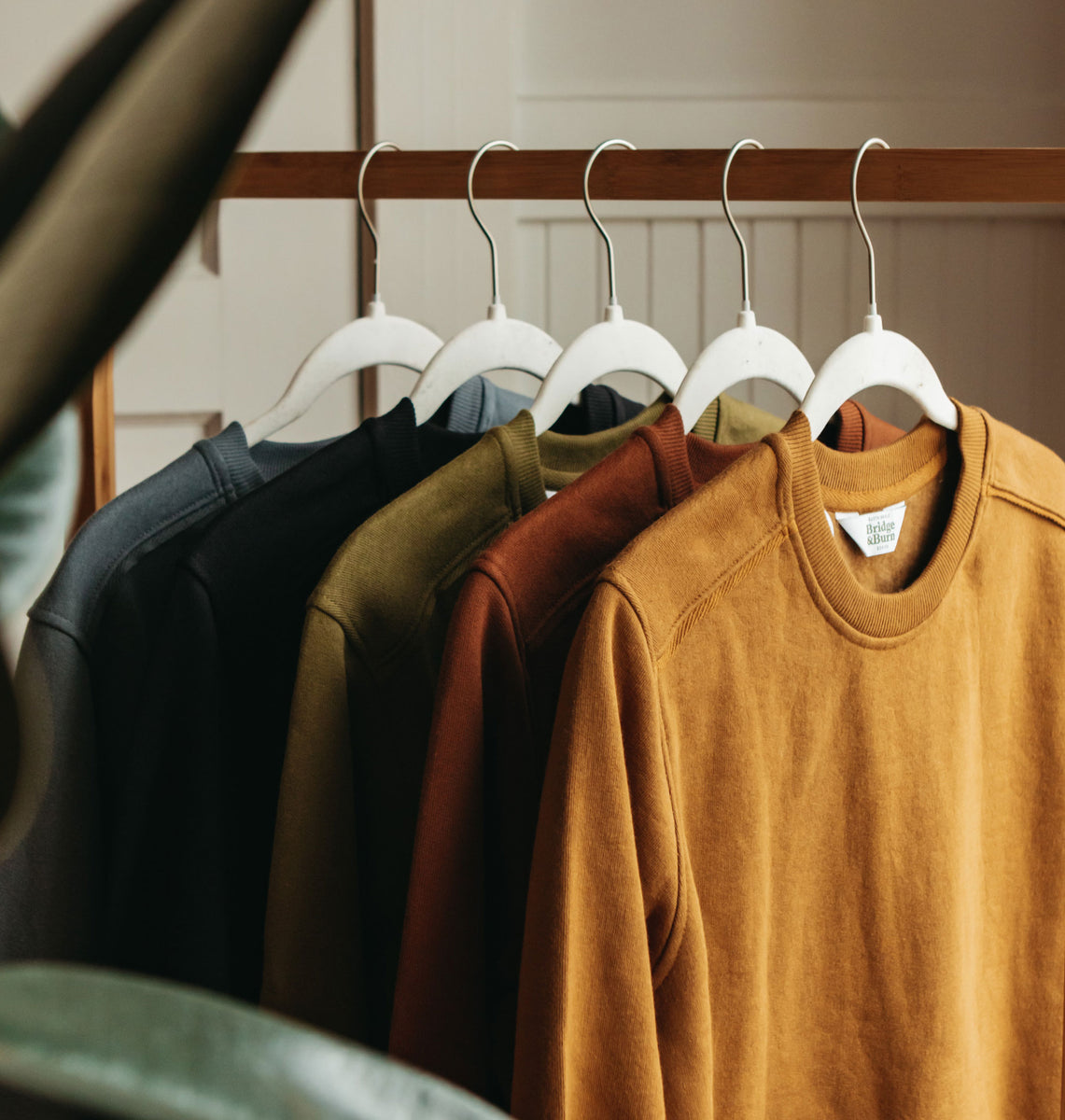 Five sweatshirts in earth tones—yellow, brown, olive green, dark green, and dark gray—hang neatly on white hangers from a wooden rack. A leafy plant is partially visible in the foreground.