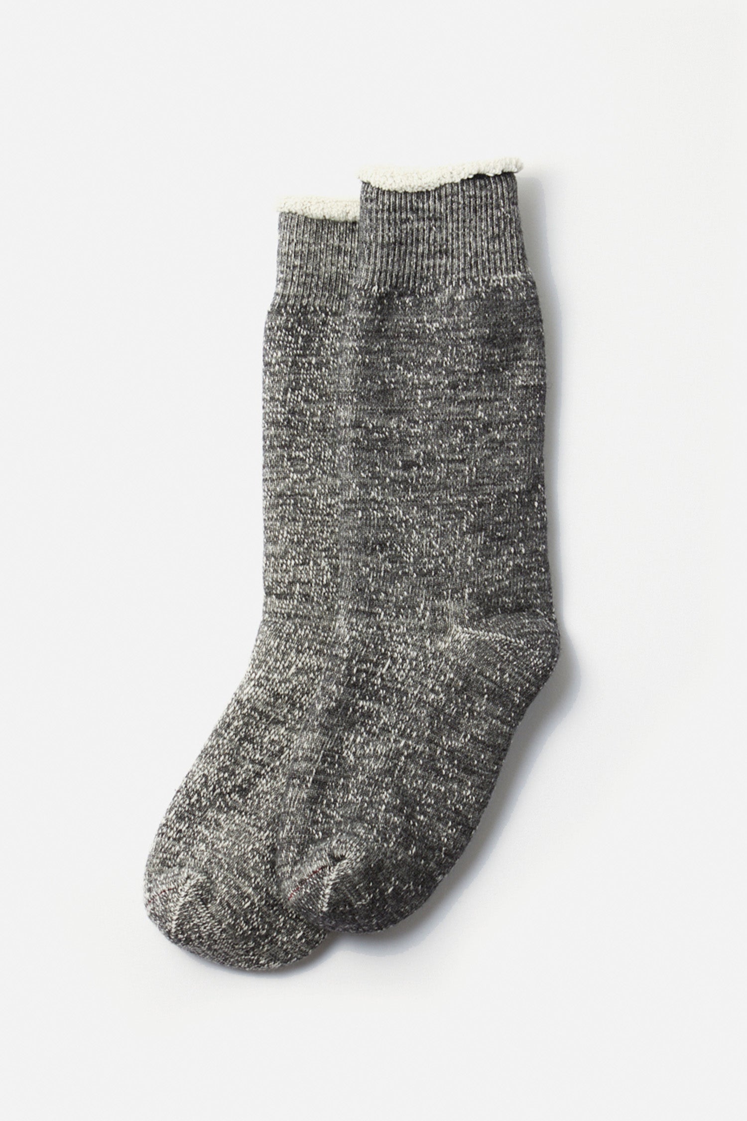 A pair of RoToTo Double Face Crew Socks in charcoal, made in Japan with ribbed cuffs, are laid side by side on a plain white background.