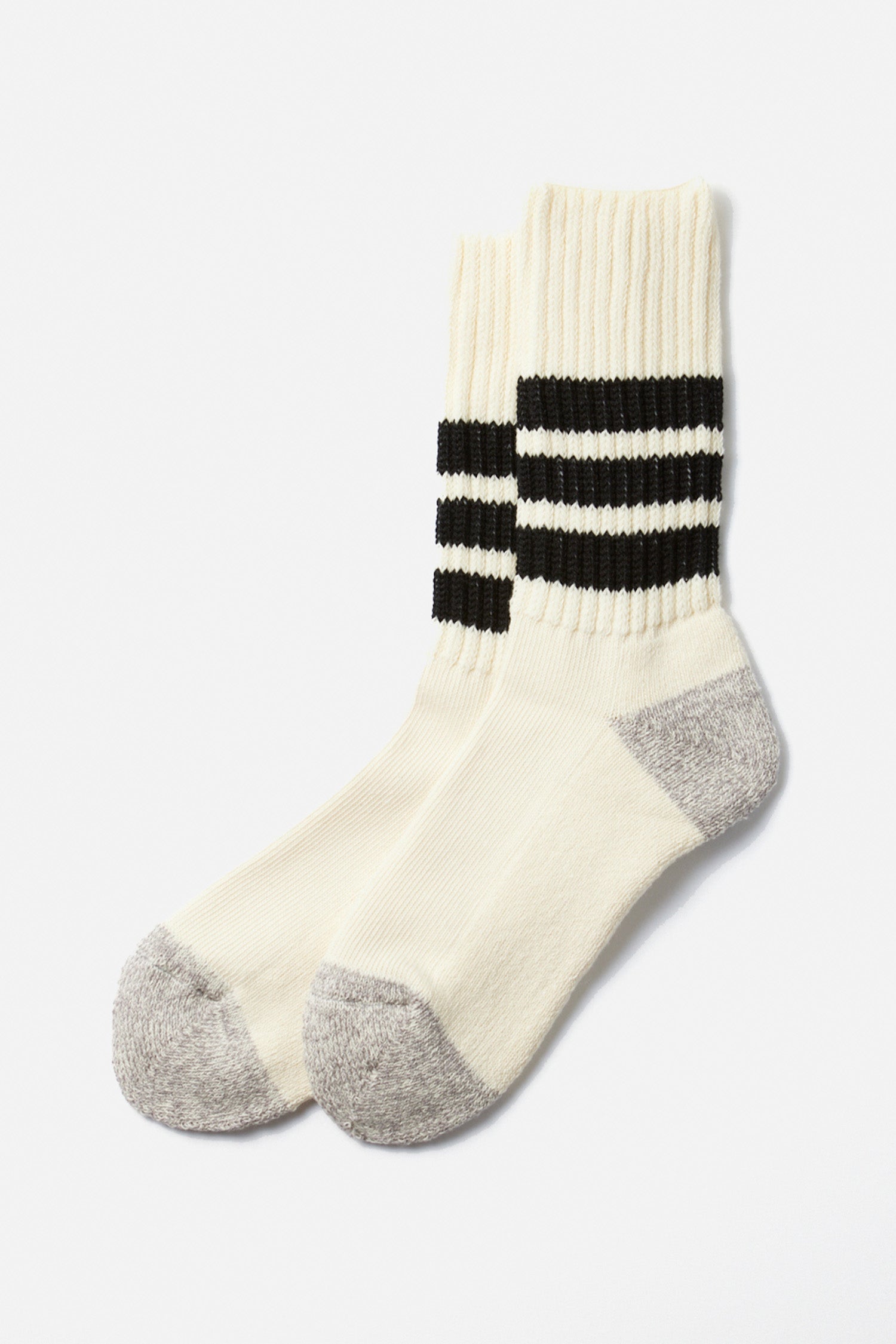 RoToTo Coarse Ribbed Old School Socks by RoToTo in black, featuring two sets of three black stripes near the top, cream ribbed cotton with gray heels and toes. The socks are displayed side by side on a white background.