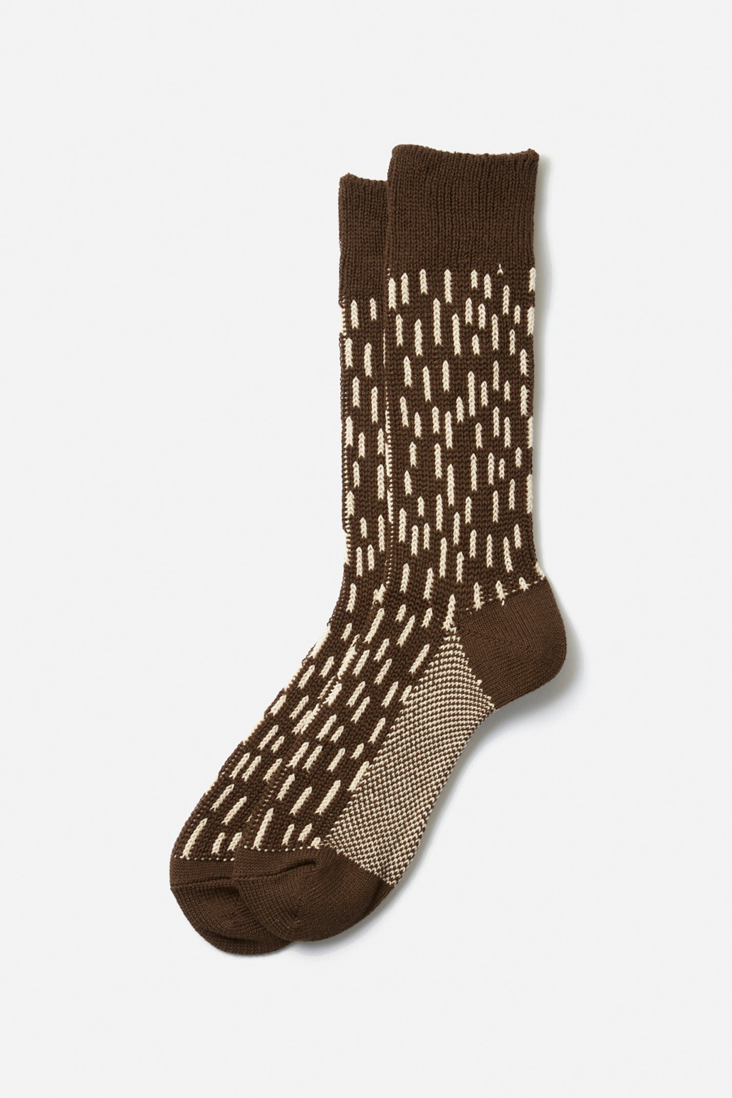 A pair of RoToTo Rain Drop Crew Socks in Dark Brown Ivory, featuring a raindrop camo pattern with solid brown toes, heels, and cuffs. Made in Japan by RoToTo for superior quality and comfort. Displayed on a white background.