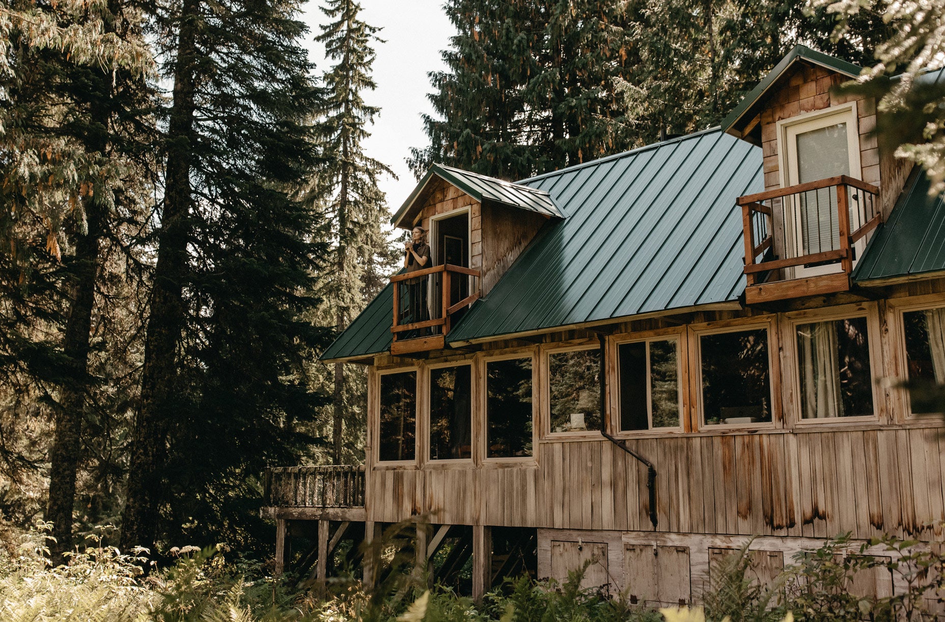 A rustic wooden cabin with a green metal roof and small balconies sits surrounded by tall pine trees in a forest setting, bathed in natural sunlight.