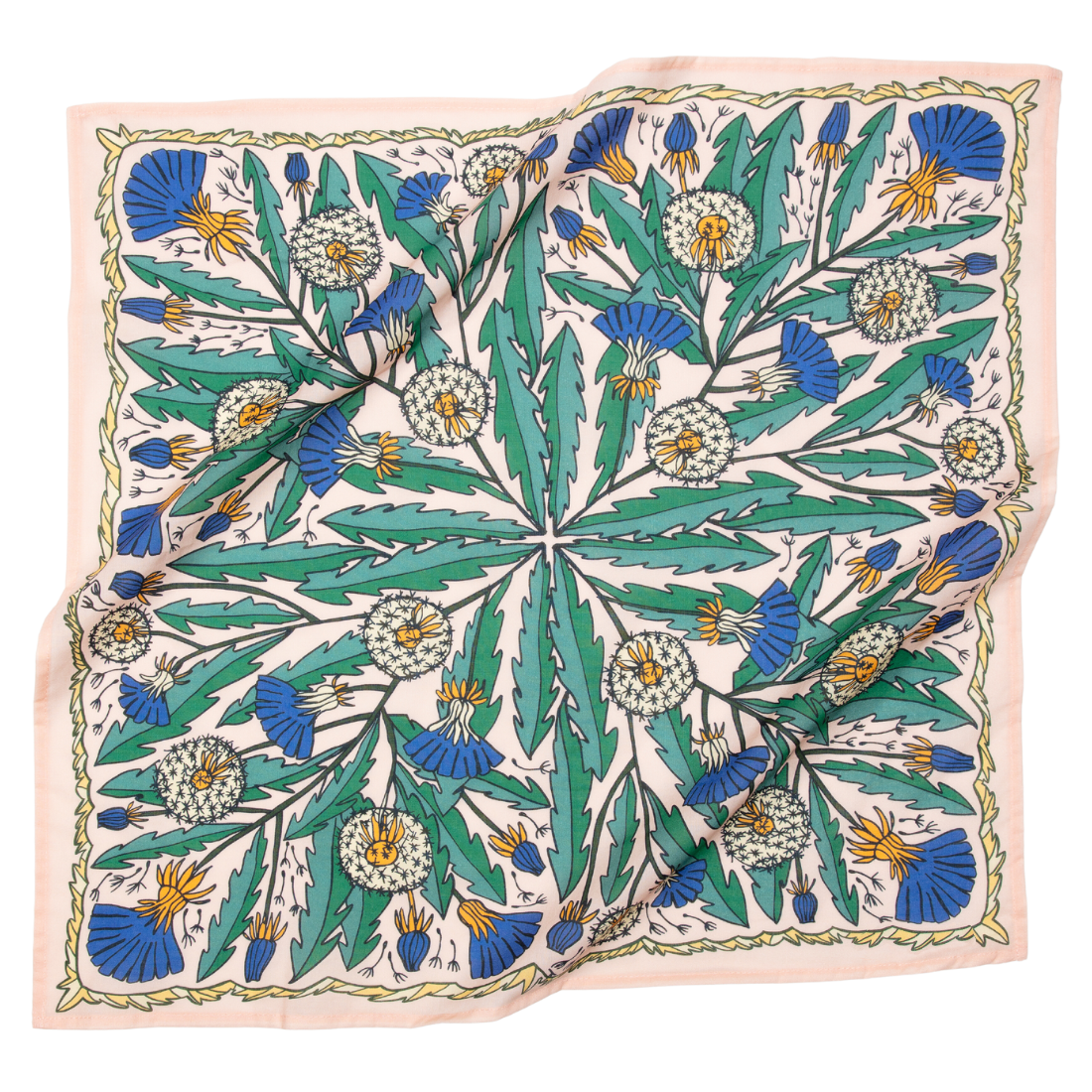 The Handker Bandanas - No. 103 Dandy Bandana is a square scarf with a botanical print—green leaves, white dandelions, blue thistle flowers, and yellow accents in a symmetrical design on a light background; the fabric appears slightly wrinkled.