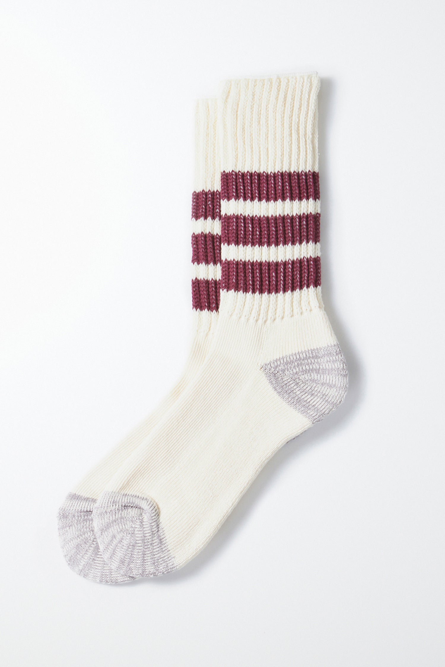 A pair of RoToTo Coarse Ribbed Old School Socks in Bordeaux by RoToTo, featuring a cream base with three maroon stripes around the calf and gray accents on the toe and heel, laid flat on a white background.