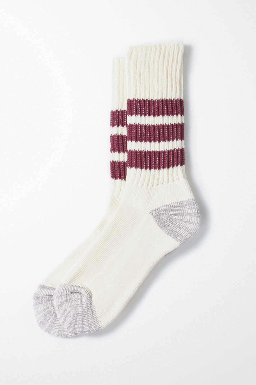 A pair of RoToTo Coarse Ribbed Old School Socks in Bordeaux by RoToTo, featuring a cream base with three maroon stripes around the calf and gray accents on the toe and heel, laid flat on a white background.