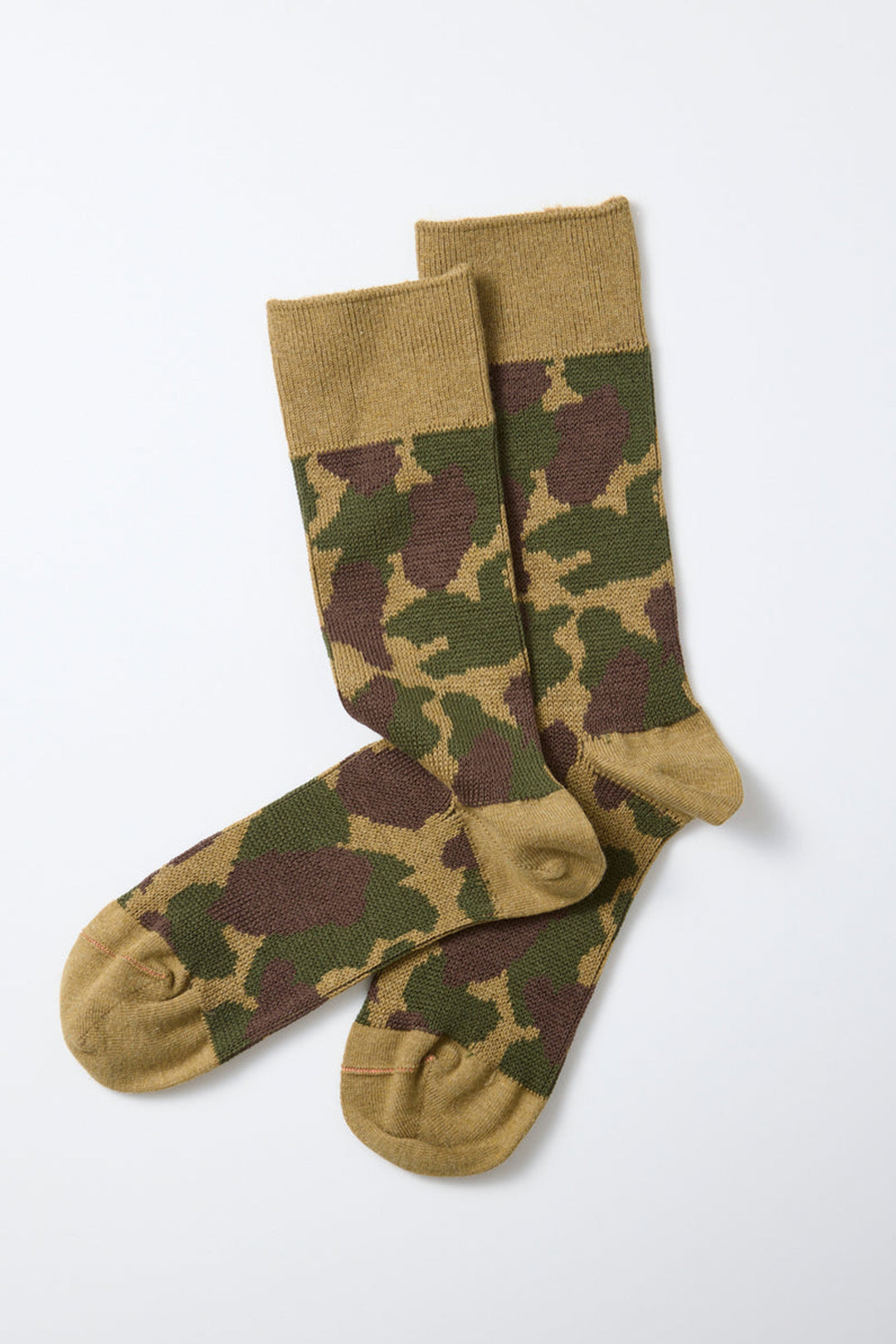 A pair of RoToTo Duck Hunter Camo Socks in Khaki, crafted by RoToTo with inspiration from Japanese sock-making craftsmanship, featuring green, brown, and tan camouflage patterns and displayed flat on a white background.