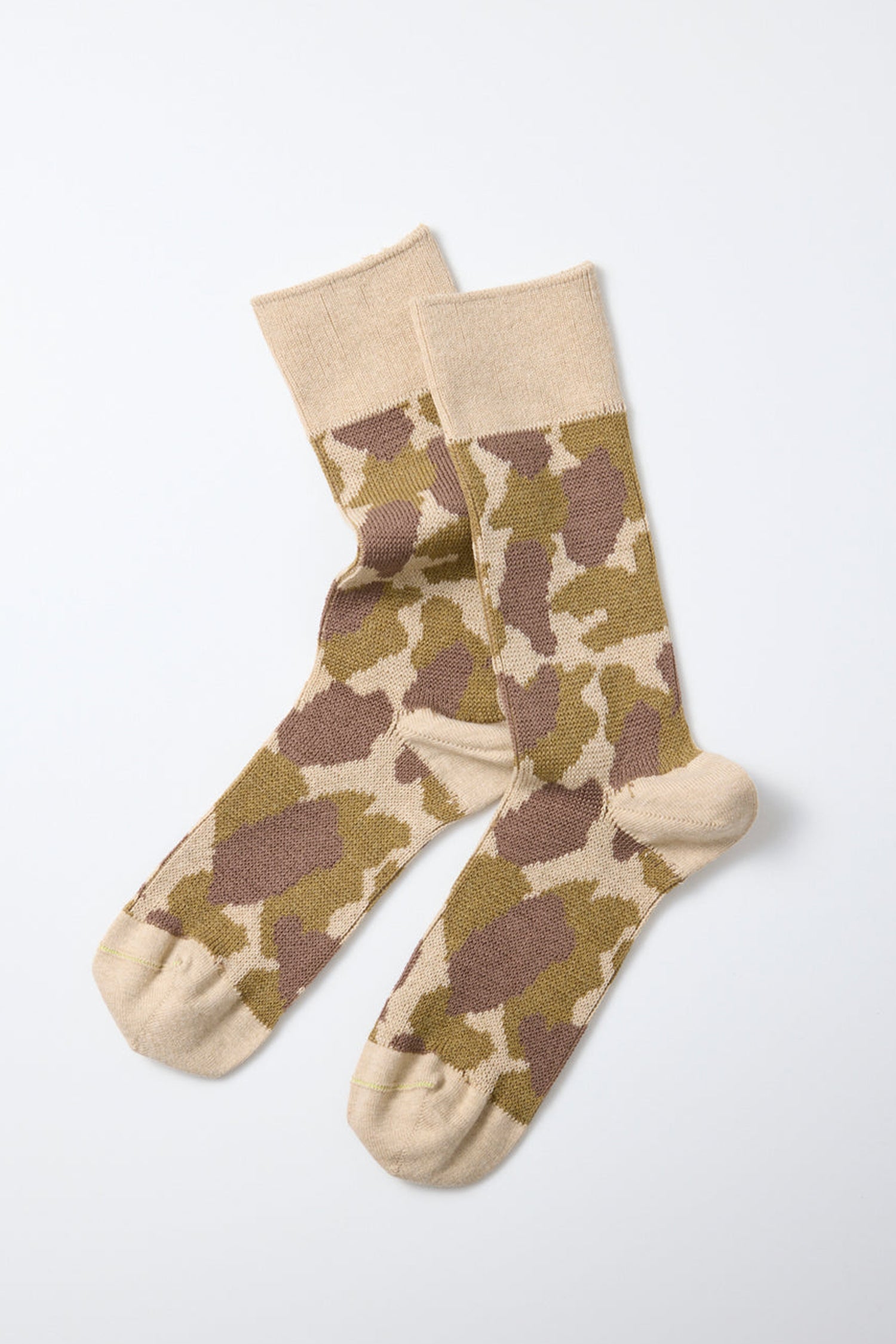 A pair of RoToTo Duck Hunter Camo Socks in L. Beige, featuring a beige, brown, and olive green camouflage pattern, is displayed on a white background.
