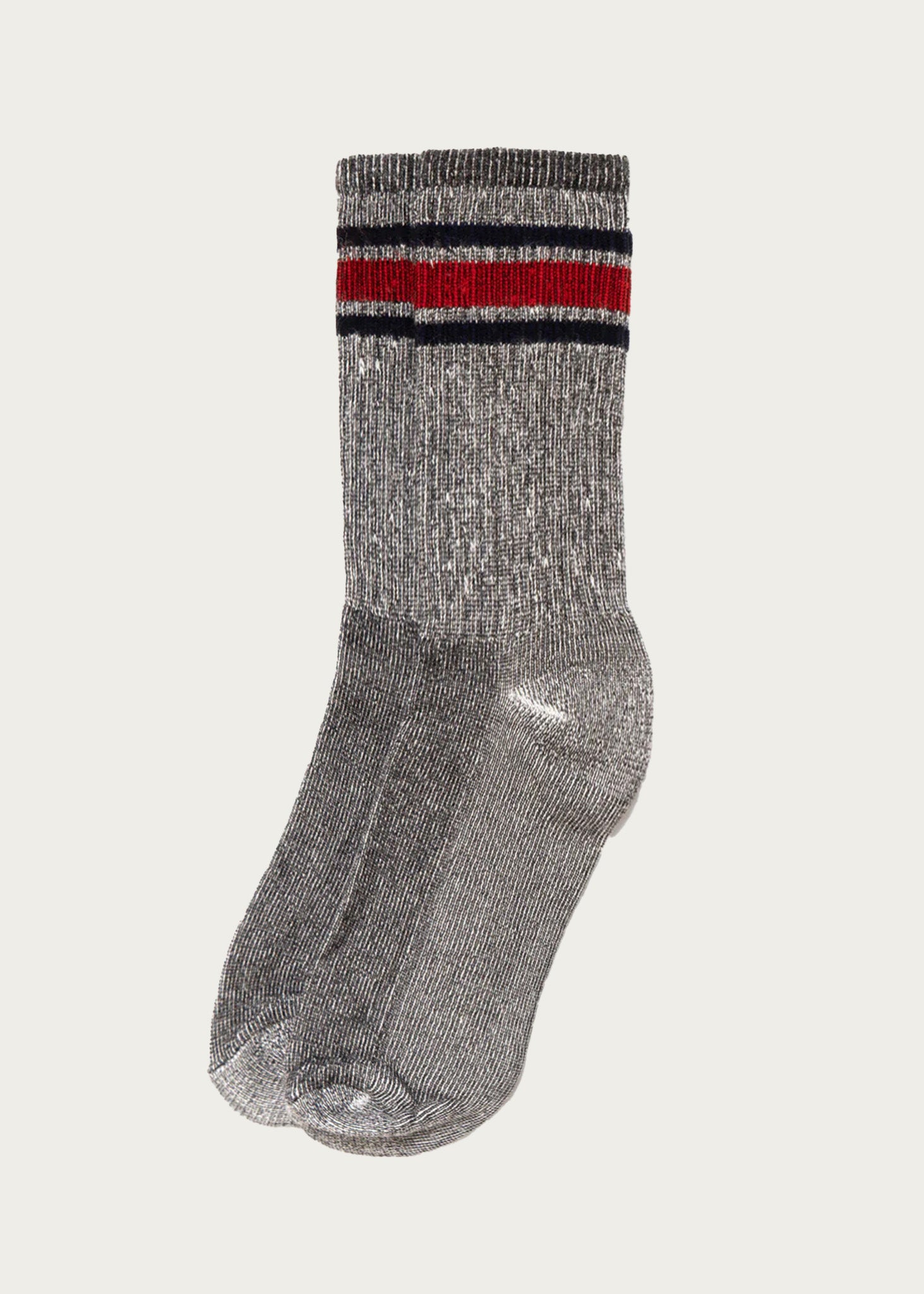 The American Trench - Merino Activity Crew / Grey socks feature a gray ribbed design with moisture-wicking merino wool, metallic sheen, and two horizontal stripes—one red and one black—near the cuffs, shown on a white background.