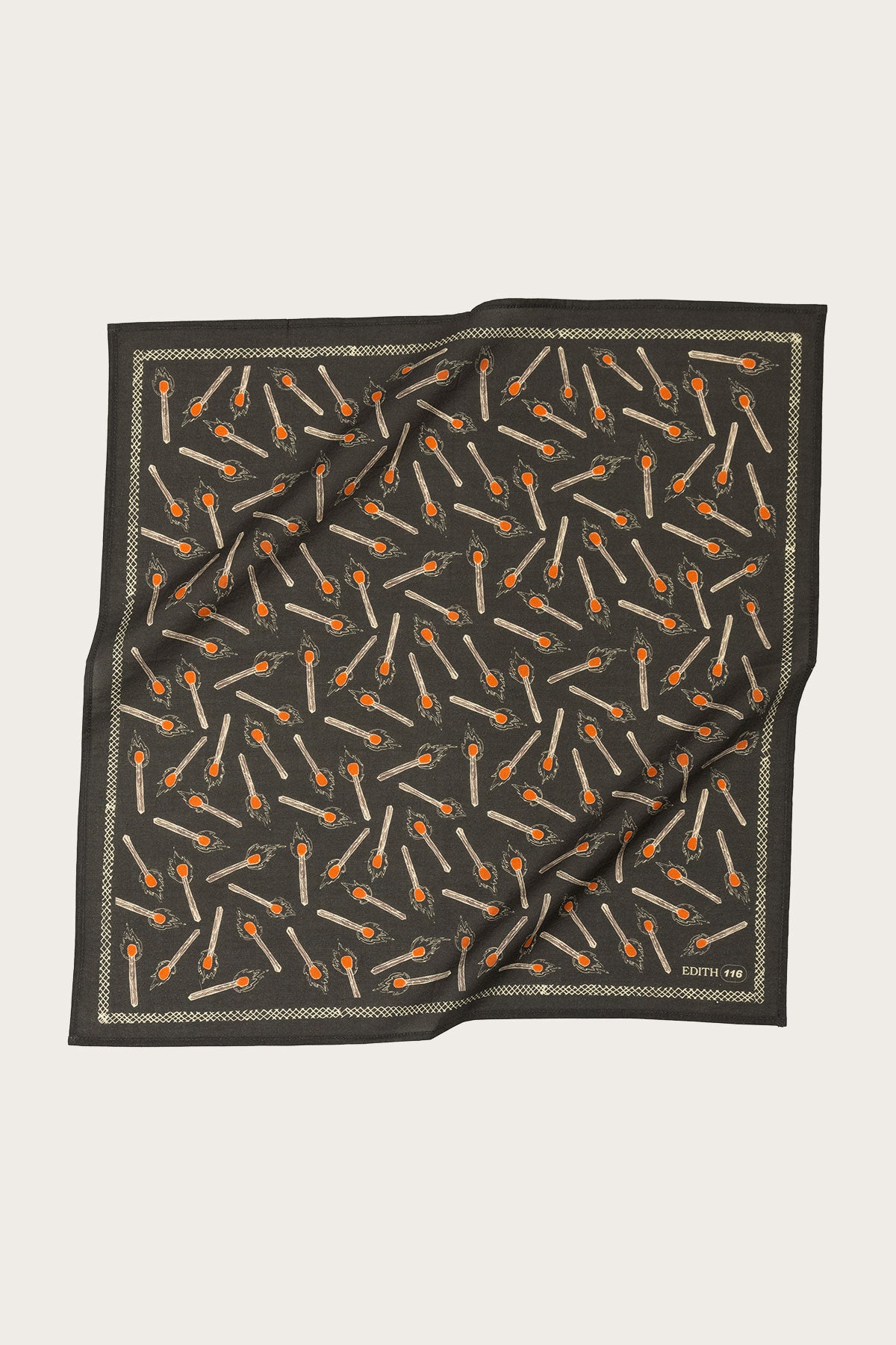 The Handker Bandanas - No. 116 Edith Bandana by Handker Bandanas is a charcoal gray, premium cotton bandana hand screen-printed with small orange-detailed spoons and bordered by a subtle geometric pattern.
