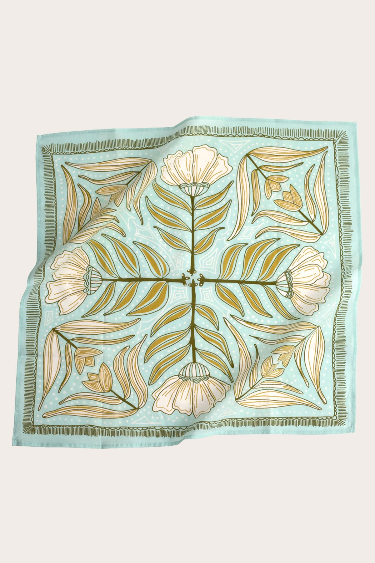 The Handker Bandanas No. 012 Eliza Bandana features a square silk design with a light blue background, gold, white, and olive green floral and leaf motifs, bordered by a matching frame and finished with subtle wrinkles for added character.