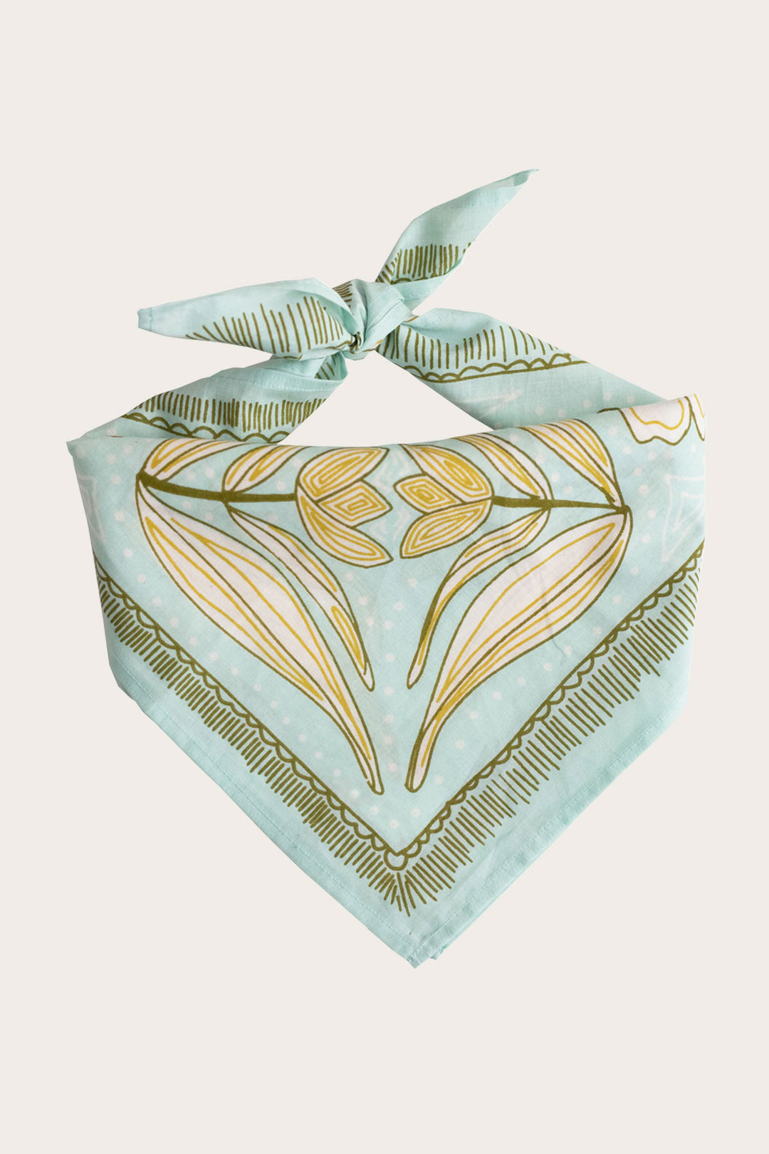 The Handker Bandanas - No. 012 Eliza Bandana from Handker Bandanas is a light blue premium cotton bandana with yellow and olive green abstract patterns, tied in a knot with decorative, symmetrical fine lines and shapes.