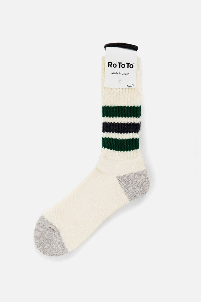 The RoToTo Coarse Ribbed Old School Socks in Green Charcoal feature a cream base, gray heel and toe, green and black ankle stripes, and a white “Ro To To Made in Japan” tag at the top.