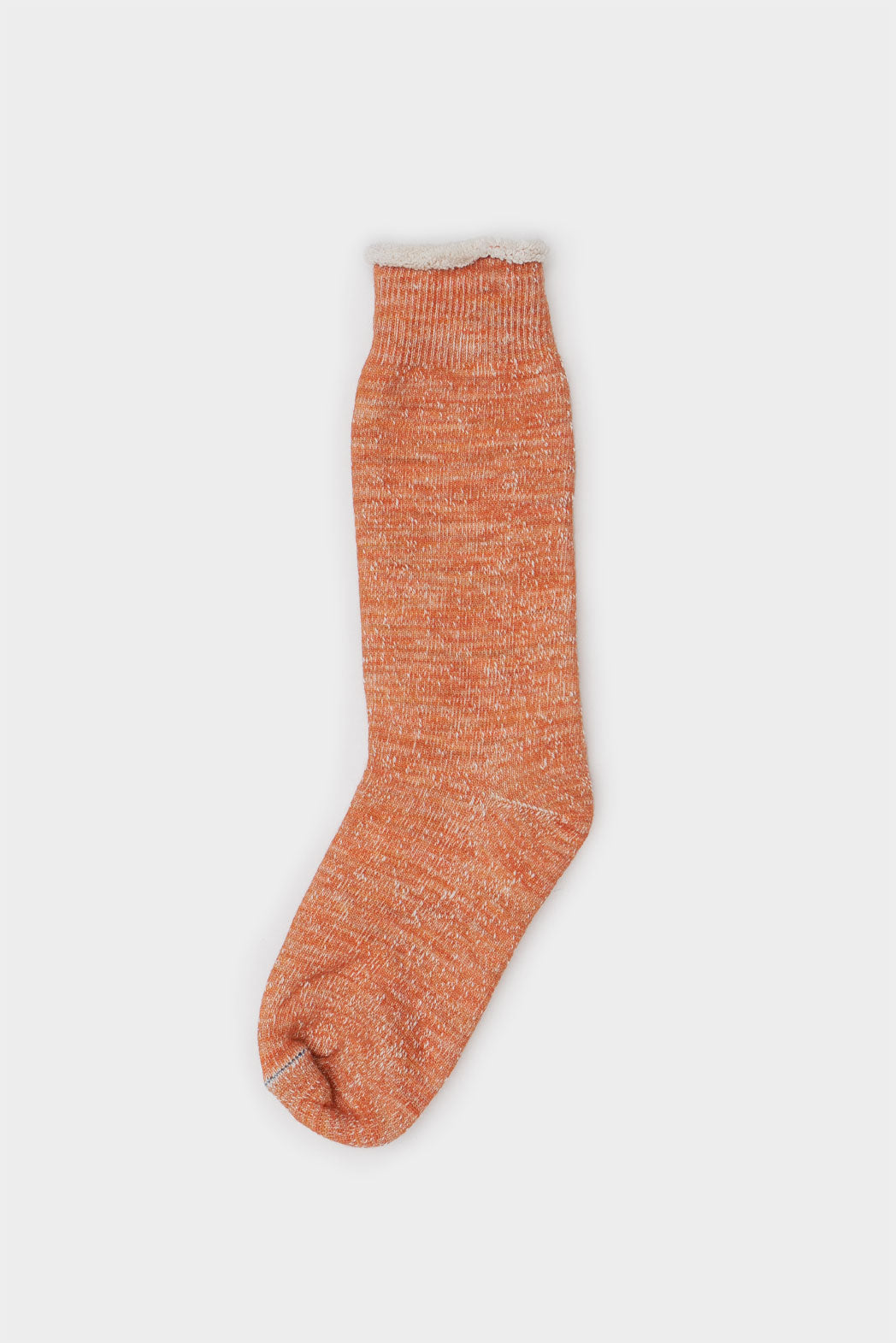 The RoToTo Double Face Crew Socks in orange by RoToTo are shown laid flat against a light gray background, highlighting their speckled knit, ribbed cuff, and made-in-Japan quality.