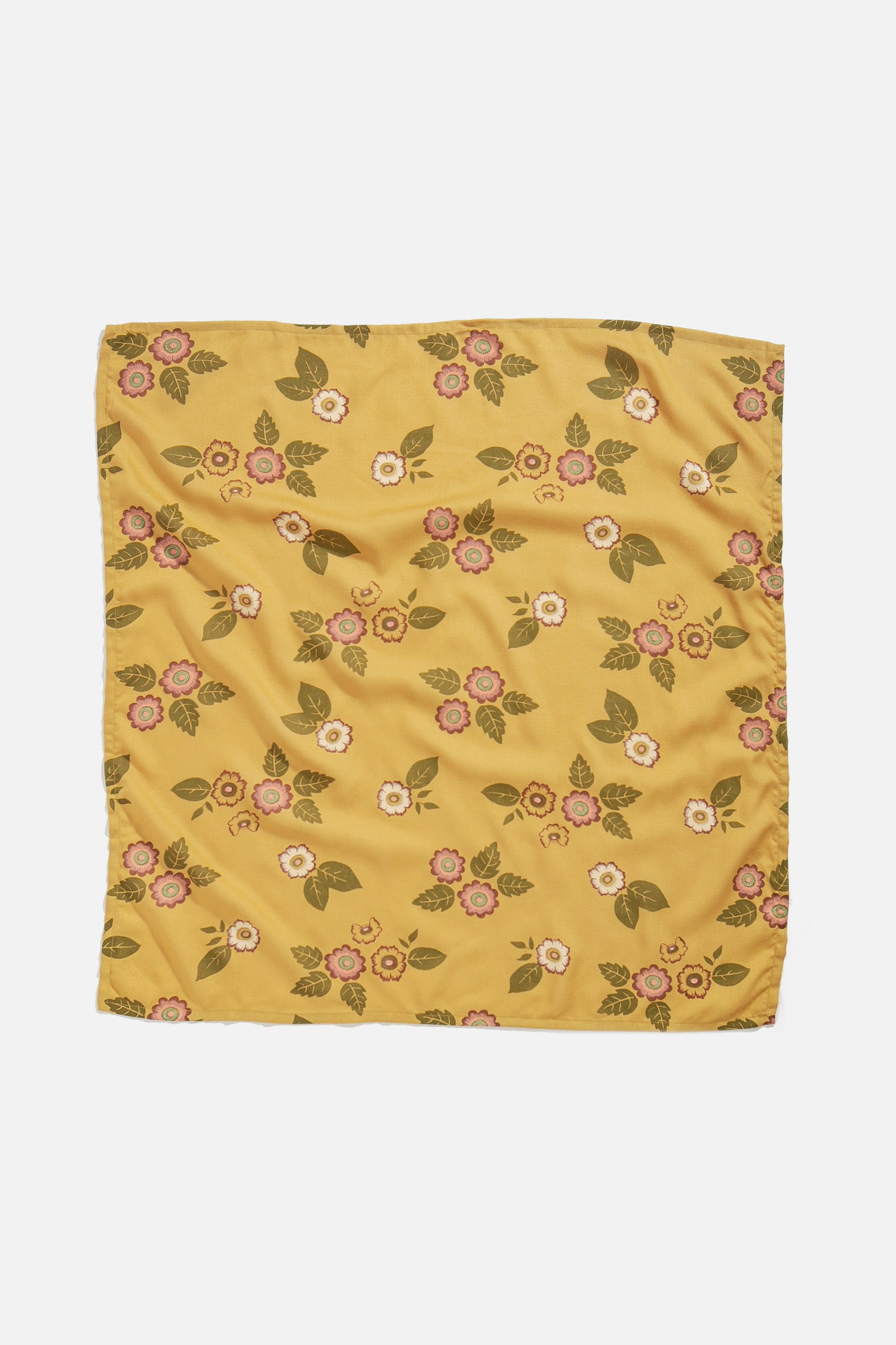The Bridge & Burn XL Bandana / Folk Floral is a square yellow Lenzing Modal bandana with pink and white flowers and green leaves—a sustainable choice for eco-conscious style.